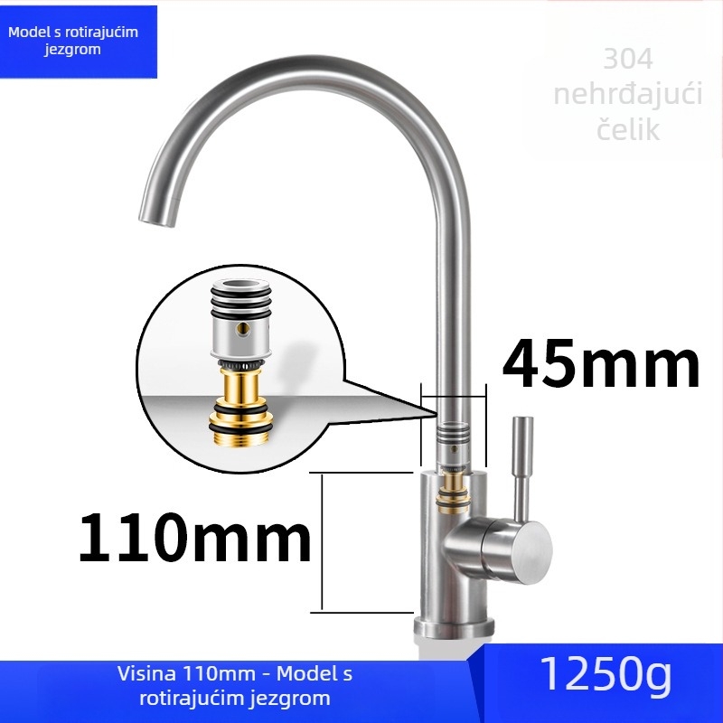 Kuhinjski miješajući faucet, 304 nerđajući čelik, jednoruk, keramički kartridž, 0–80°C