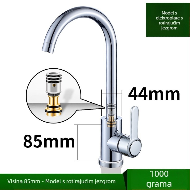 Kuhinjski miješajući faucet, 304 nerđajući čelik, jednoruk, keramički kartridž, 0–80°C