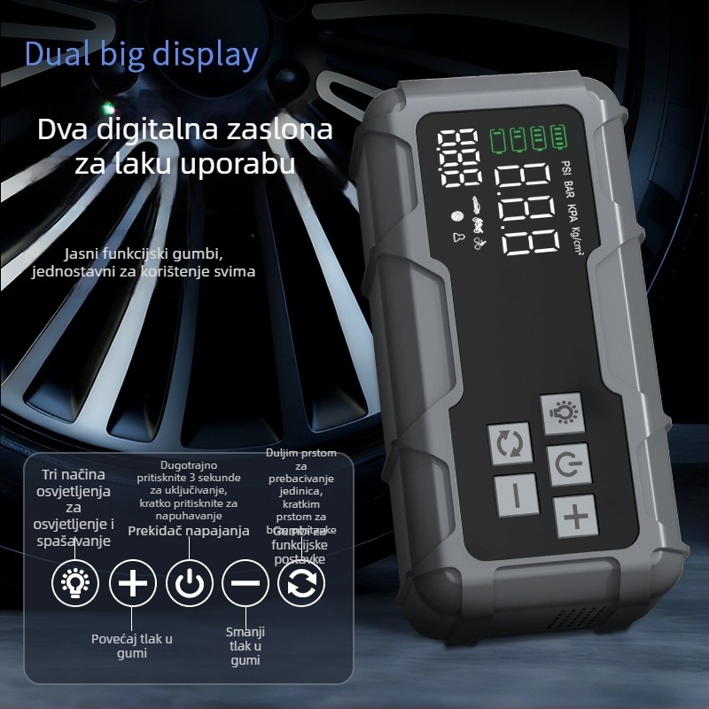 Automobilski start uređaj s ugrađenom pumpom – 12V, 720A, 35 L/min, 80W, Digitalni zaslon