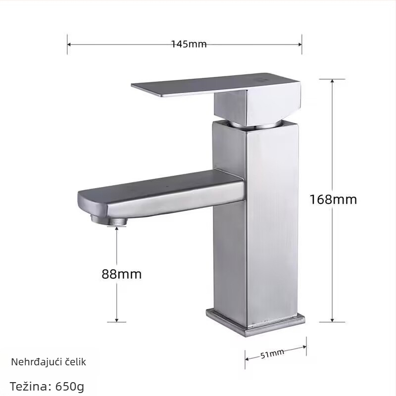 Kran za kupaonicu za umivaonik, od nehrđajućeg čelika, miješani topli i hladni vod, keramički ventil, model WSY-515620, radna temperatura 0–80°C