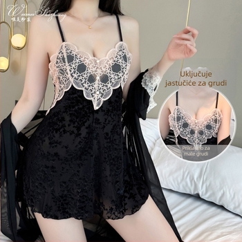Baršunasta noćna haljina u stilu camisole, V-izrez, šire rukave, duljina suknje