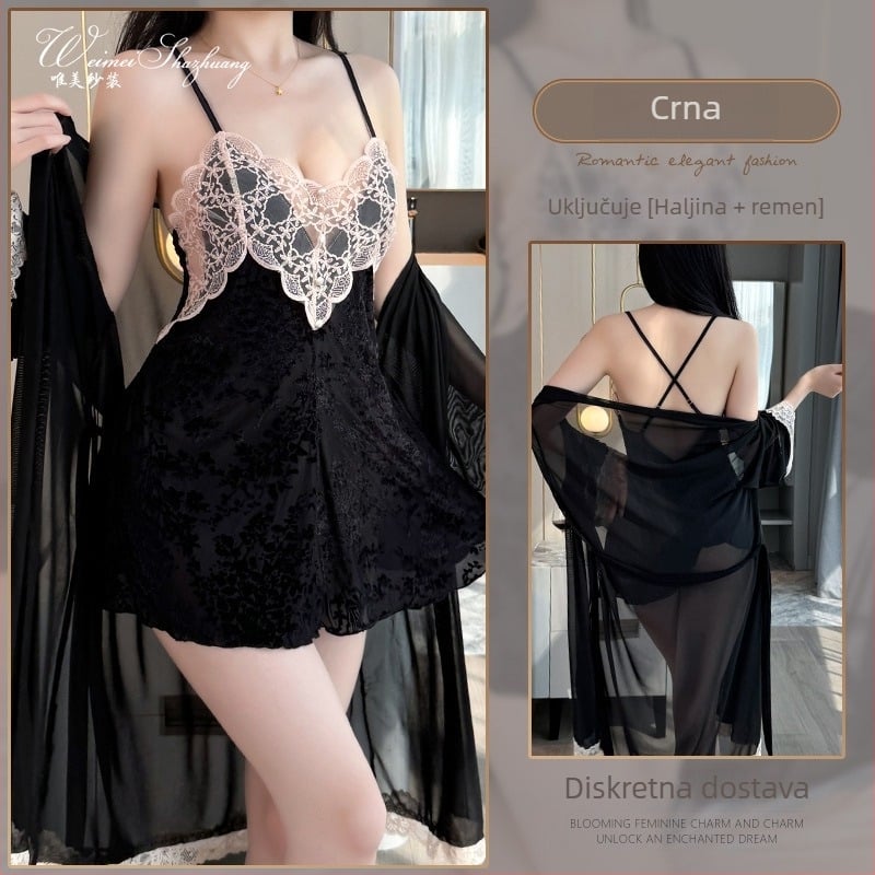 Baršunasta noćna haljina u stilu camisole, V-izrez, šire rukave, duljina suknje