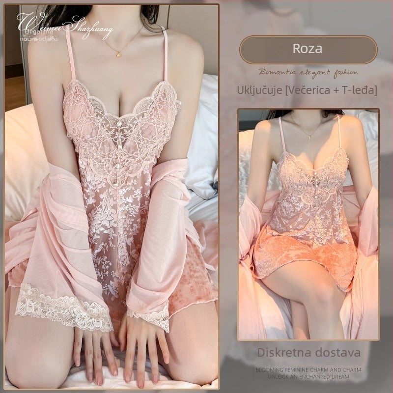 Baršunasta noćna haljina u stilu camisole, V-izrez, šire rukave, duljina suknje