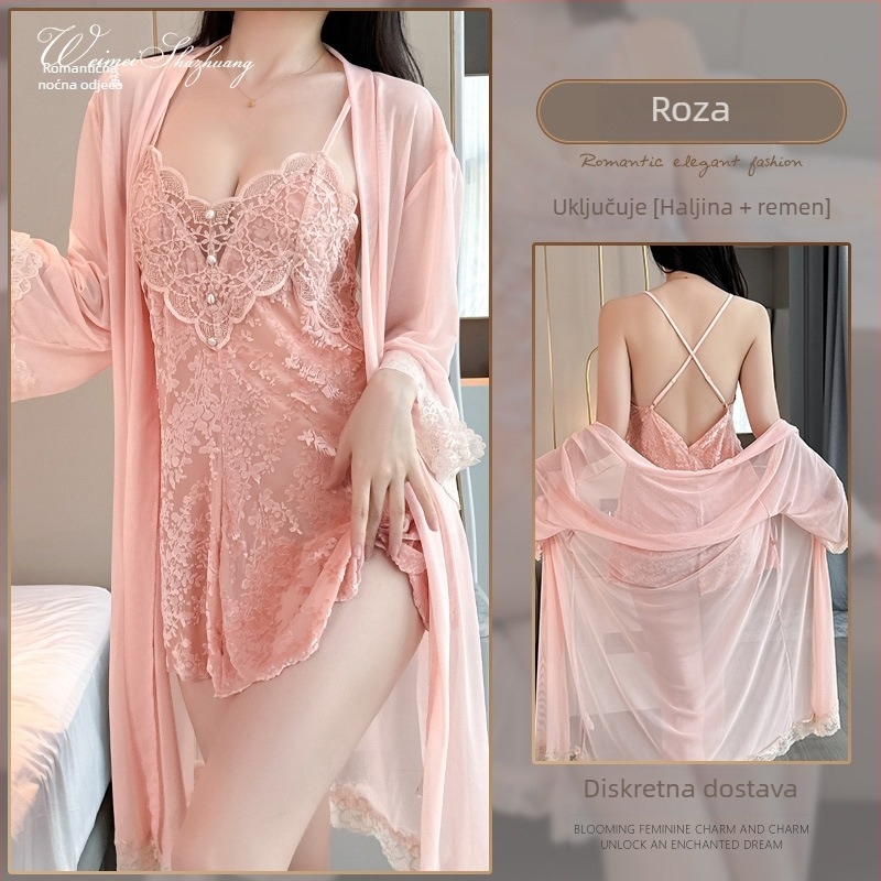 Baršunasta noćna haljina u stilu camisole, V-izrez, šire rukave, duljina suknje