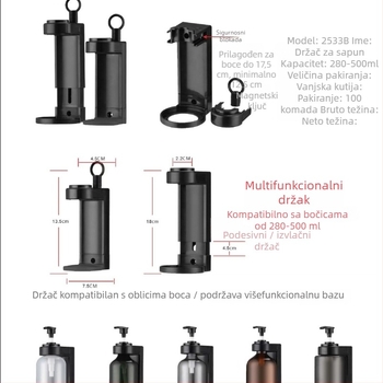 Oriental xindhi ABS univerzalni nosač bočica šampona i gela za tuširanje za hotele, podesiva kvačica bez bušenja, moderni minimalistički stil, težina 0,15 kg