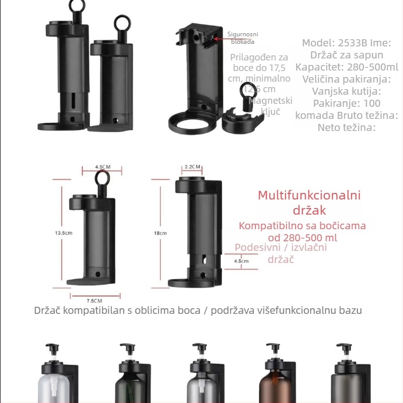 Oriental xindhi ABS univerzalni nosač bočica šampona i gela za tuširanje za hotele, podesiva kvačica bez bušenja, moderni minimalistički stil, težina 0,15 kg