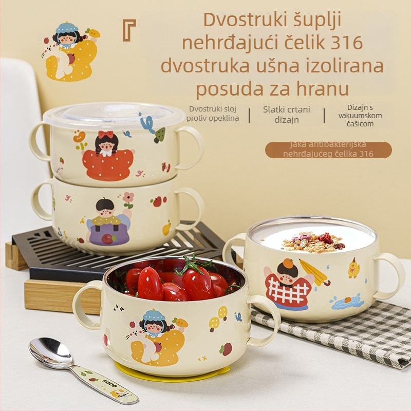 Dječja zdjela od 316L nehrđajućeg čelika s poklopcem, crtani dizajn, dvostruke drške, za prehranu djece