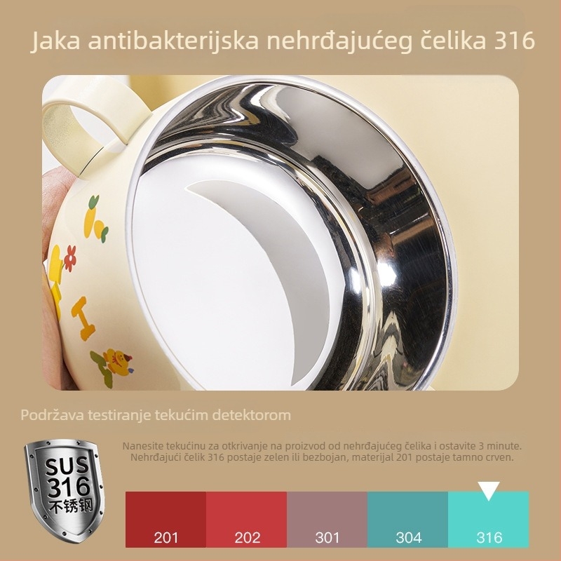 Dječja zdjela od 316L nehrđajućeg čelika s poklopcem, crtani dizajn, dvostruke drške, za prehranu djece