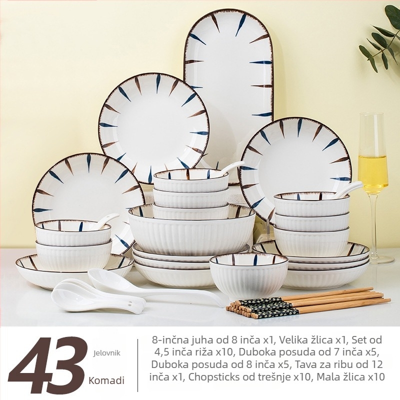 Porcelanski set posuđa za stol s prugastim uzorkom, pod glazurom, kružnog oblika, pogodna za mikrovalnu