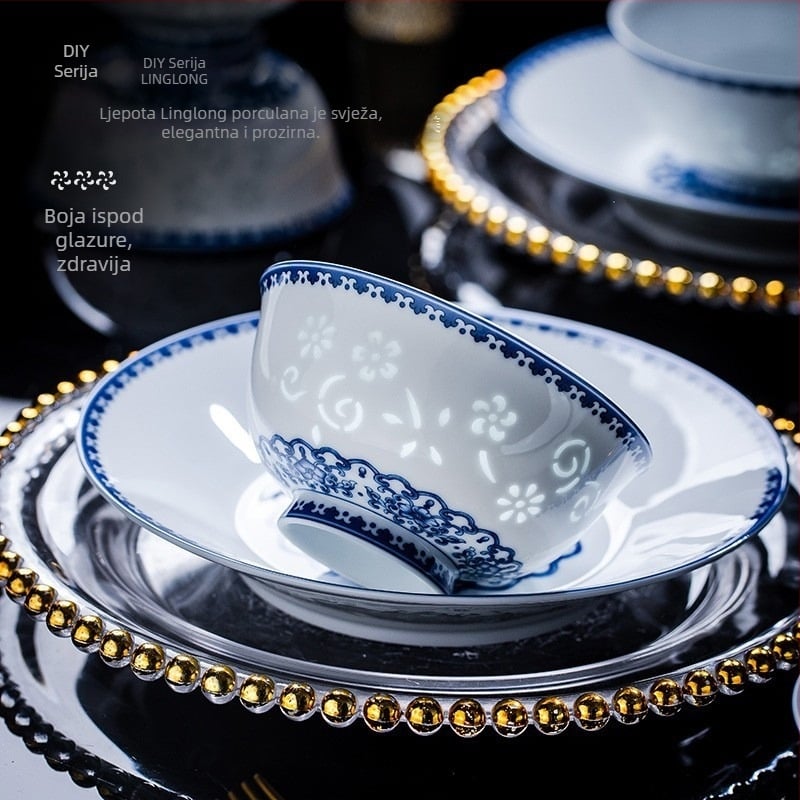 Porcelanski set posuđa s cvjetnim uzorkom, kineskog stila, okruglog oblika, podglazurni premaz, mikrovalna sigurno, prilagodljivo