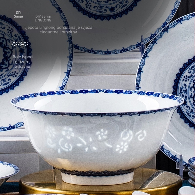 Porcelanski set posuđa s cvjetnim uzorkom, kineskog stila, okruglog oblika, podglazurni premaz, mikrovalna sigurno, prilagodljivo
