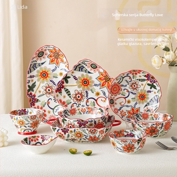 Set posuđa – porcelan, ručno crtani uzorak, nepravilni oblik, svijetao luksuzni retro stil; duboka zdjela za rižu, tanjur za ribu, zdjela za juhu; pogodna za mikrovalnu