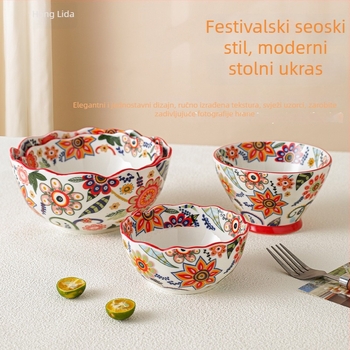 Set posuđa – porcelan, ručno crtani uzorak, nepravilni oblik, svijetao luksuzni retro stil; duboka zdjela za rižu, tanjur za ribu, zdjela za juhu; pogodna za mikrovalnu