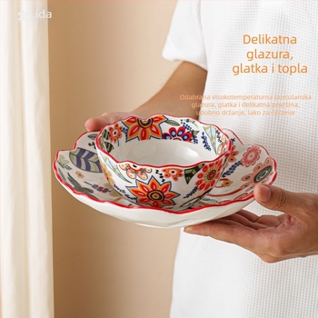 Set posuđa – porcelan, ručno crtani uzorak, nepravilni oblik, svijetao luksuzni retro stil; duboka zdjela za rižu, tanjur za ribu, zdjela za juhu; pogodna za mikrovalnu