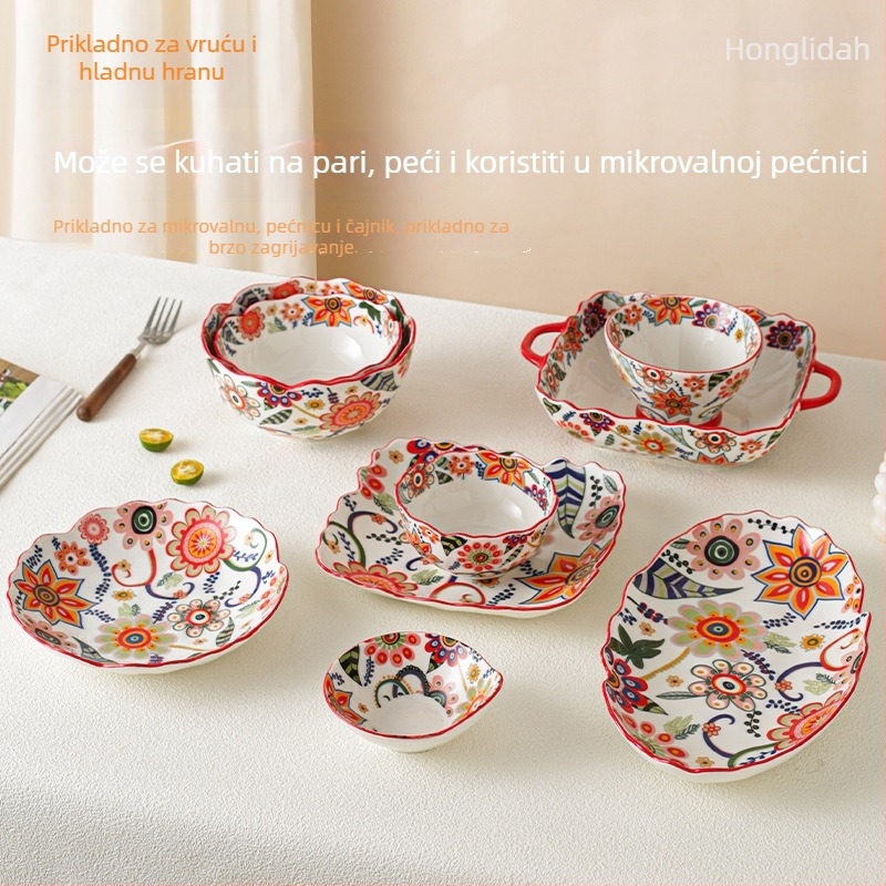 Set posuđa – porcelan, ručno crtani uzorak, nepravilni oblik, svijetao luksuzni retro stil; duboka zdjela za rižu, tanjur za ribu, zdjela za juhu; pogodna za mikrovalnu