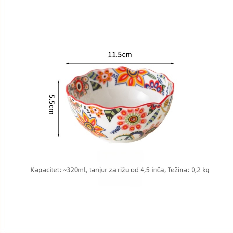 Set posuđa – porcelan, ručno crtani uzorak, nepravilni oblik, svijetao luksuzni retro stil; duboka zdjela za rižu, tanjur za ribu, zdjela za juhu; pogodna za mikrovalnu