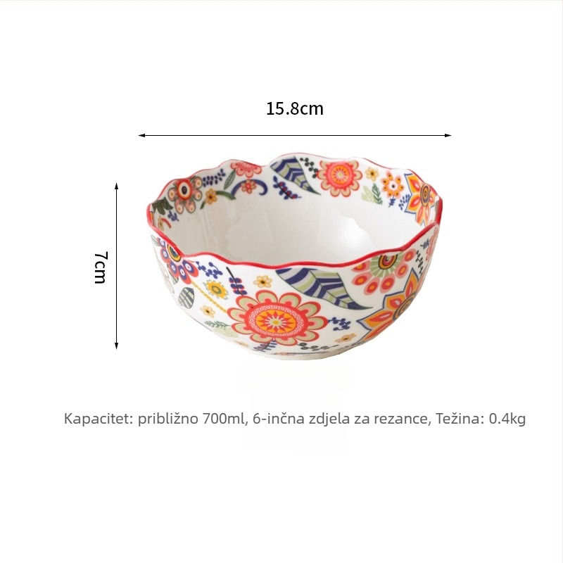 Set posuđa – porcelan, ručno crtani uzorak, nepravilni oblik, svijetao luksuzni retro stil; duboka zdjela za rižu, tanjur za ribu, zdjela za juhu; pogodna za mikrovalnu