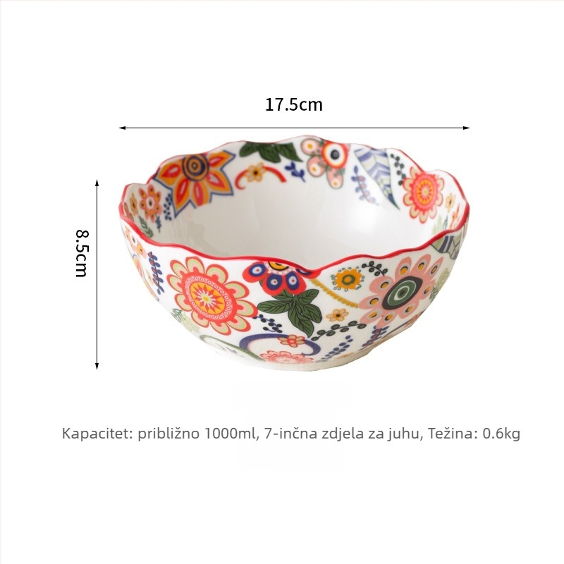 Set posuđa – porcelan, ručno crtani uzorak, nepravilni oblik, svijetao luksuzni retro stil; duboka zdjela za rižu, tanjur za ribu, zdjela za juhu; pogodna za mikrovalnu