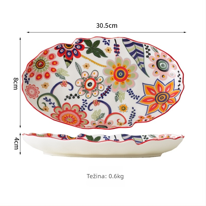 Set posuđa – porcelan, ručno crtani uzorak, nepravilni oblik, svijetao luksuzni retro stil; duboka zdjela za rižu, tanjur za ribu, zdjela za juhu; pogodna za mikrovalnu