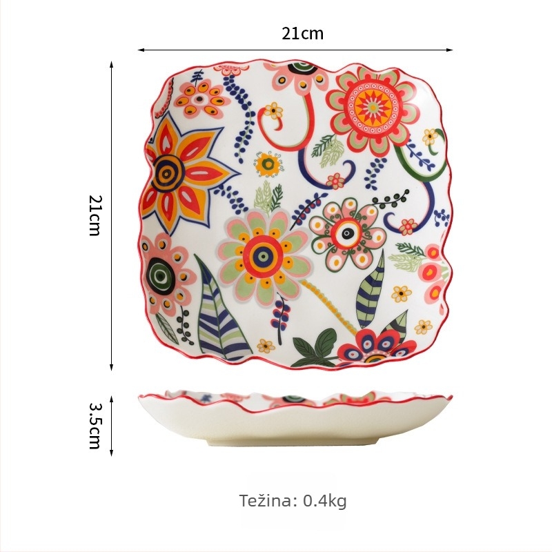Set posuđa – porcelan, ručno crtani uzorak, nepravilni oblik, svijetao luksuzni retro stil; duboka zdjela za rižu, tanjur za ribu, zdjela za juhu; pogodna za mikrovalnu
