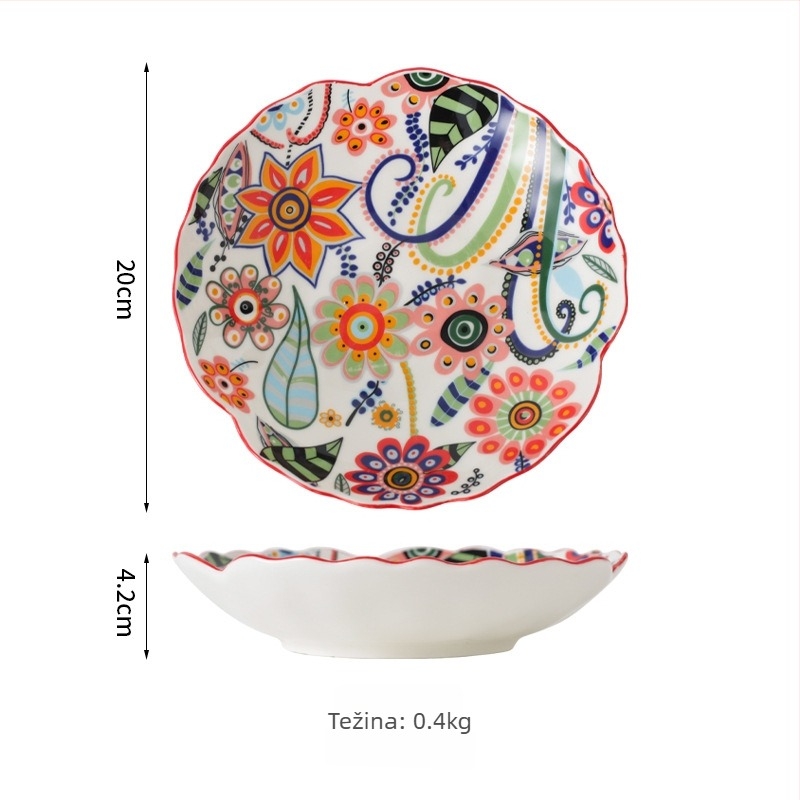 Set posuđa – porcelan, ručno crtani uzorak, nepravilni oblik, svijetao luksuzni retro stil; duboka zdjela za rižu, tanjur za ribu, zdjela za juhu; pogodna za mikrovalnu