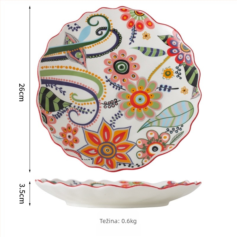 Set posuđa – porcelan, ručno crtani uzorak, nepravilni oblik, svijetao luksuzni retro stil; duboka zdjela za rižu, tanjur za ribu, zdjela za juhu; pogodna za mikrovalnu