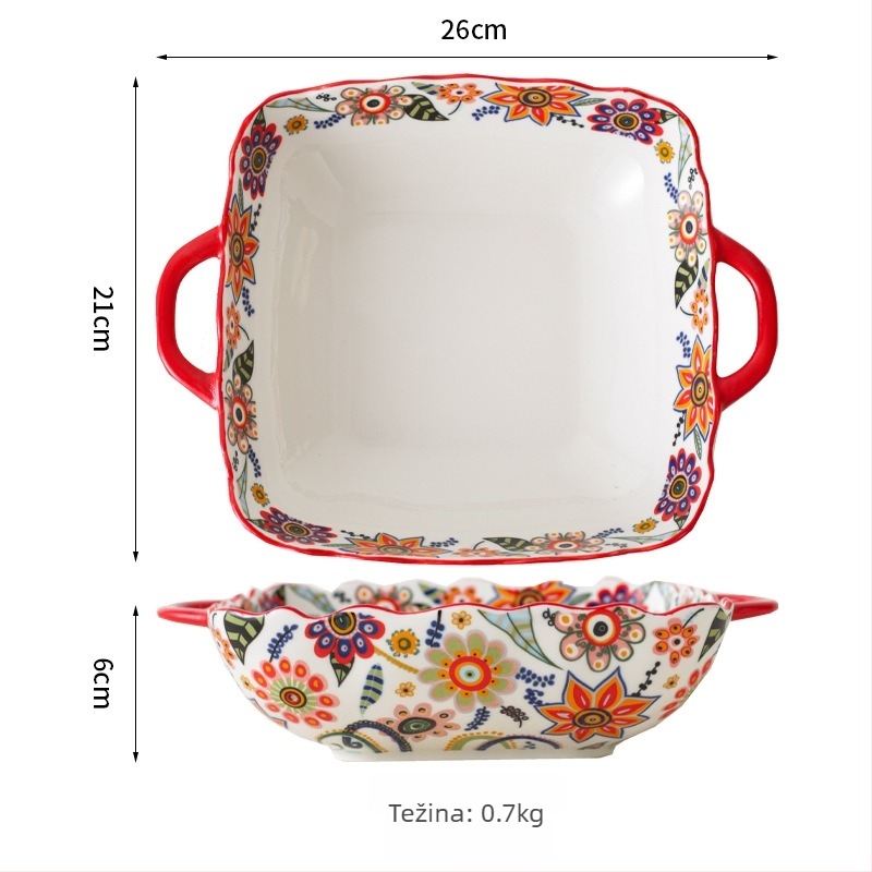 Set posuđa – porcelan, ručno crtani uzorak, nepravilni oblik, svijetao luksuzni retro stil; duboka zdjela za rižu, tanjur za ribu, zdjela za juhu; pogodna za mikrovalnu