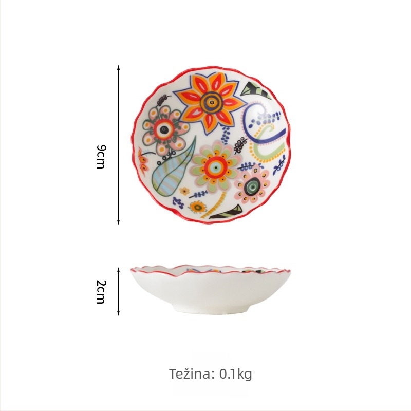 Set posuđa – porcelan, ručno crtani uzorak, nepravilni oblik, svijetao luksuzni retro stil; duboka zdjela za rižu, tanjur za ribu, zdjela za juhu; pogodna za mikrovalnu