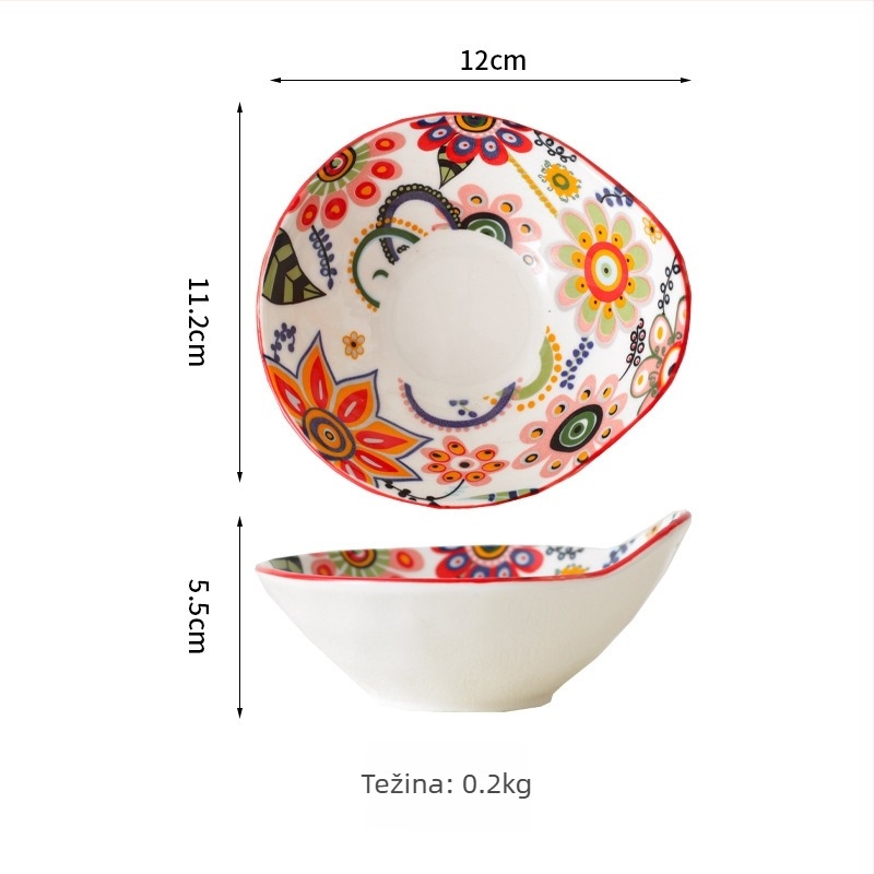 Set posuđa – porcelan, ručno crtani uzorak, nepravilni oblik, svijetao luksuzni retro stil; duboka zdjela za rižu, tanjur za ribu, zdjela za juhu; pogodna za mikrovalnu