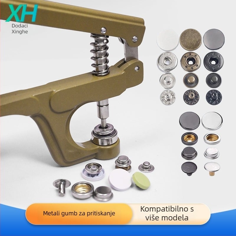 Set alata za ugradnju metalne kopče s ručnim presnim kliještima – za odjeću i dodatke; Materijal: metal; Struktura: ručne kliješte za presovanje metalne kopče; Opseg primjene: kaputi, traperice, kape, hlače, kožne jakne, torbe; Marka: Xinghe