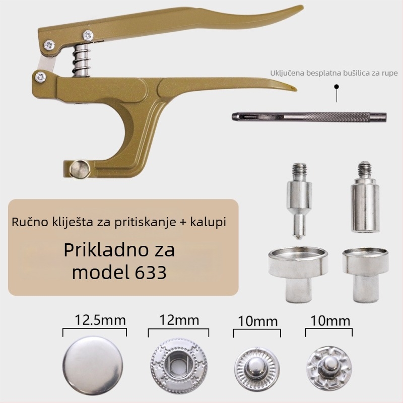 Set alata za ugradnju metalne kopče s ručnim presnim kliještima – za odjeću i dodatke; Materijal: metal; Struktura: ručne kliješte za presovanje metalne kopče; Opseg primjene: kaputi, traperice, kape, hlače, kožne jakne, torbe; Marka: Xinghe