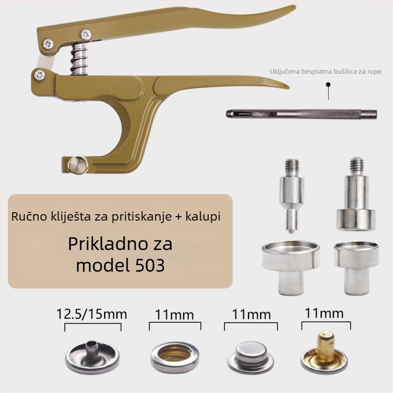 Set alata za ugradnju metalne kopče s ručnim presnim kliještima – za odjeću i dodatke; Materijal: metal; Struktura: ručne kliješte za presovanje metalne kopče; Opseg primjene: kaputi, traperice, kape, hlače, kožne jakne, torbe; Marka: Xinghe