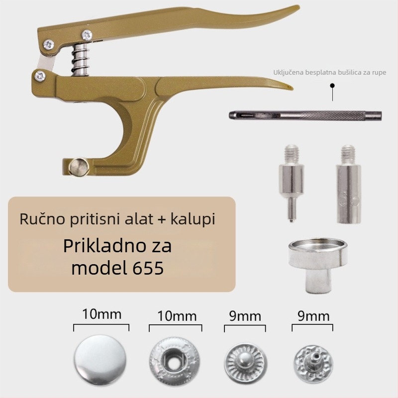 Set alata za ugradnju metalne kopče s ručnim presnim kliještima – za odjeću i dodatke; Materijal: metal; Struktura: ručne kliješte za presovanje metalne kopče; Opseg primjene: kaputi, traperice, kape, hlače, kožne jakne, torbe; Marka: Xinghe