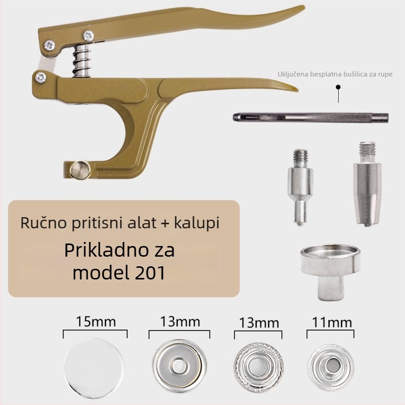 Set alata za ugradnju metalne kopče s ručnim presnim kliještima – za odjeću i dodatke; Materijal: metal; Struktura: ručne kliješte za presovanje metalne kopče; Opseg primjene: kaputi, traperice, kape, hlače, kožne jakne, torbe; Marka: Xinghe