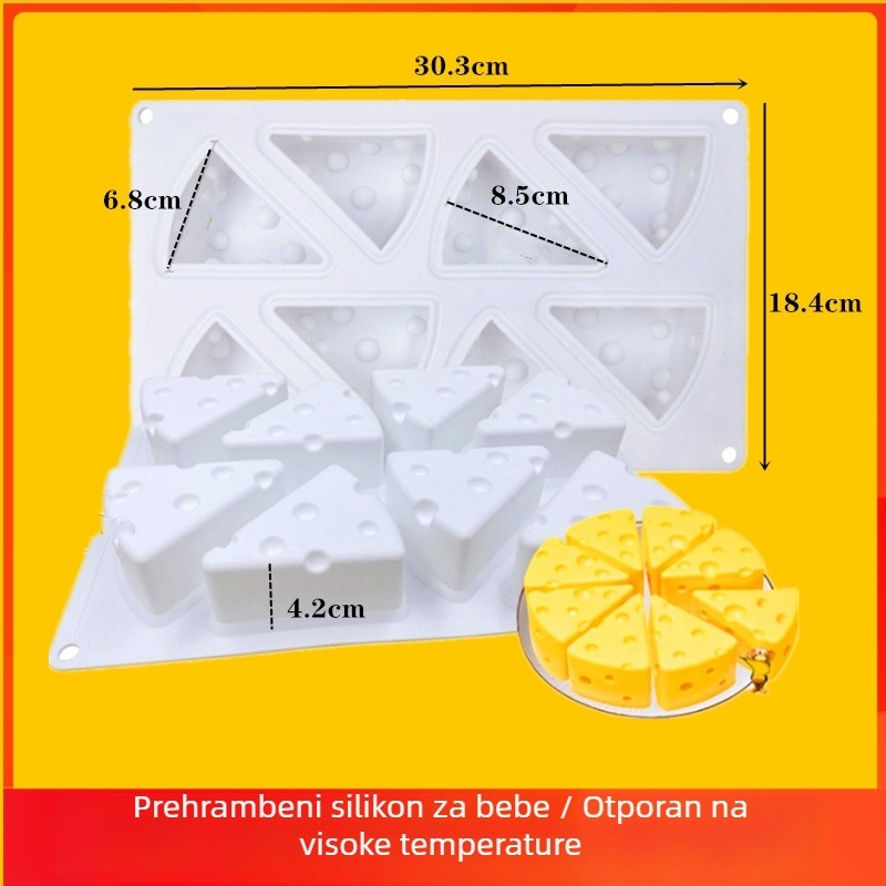 Silikonska kalupa za pečenje s dizajnom mačke i Jerryja miša, tematski sir, prehrambena kvaliteta, nepravilan oblik, dimenzije 29.5 × 17.2 × 3.2 cm.