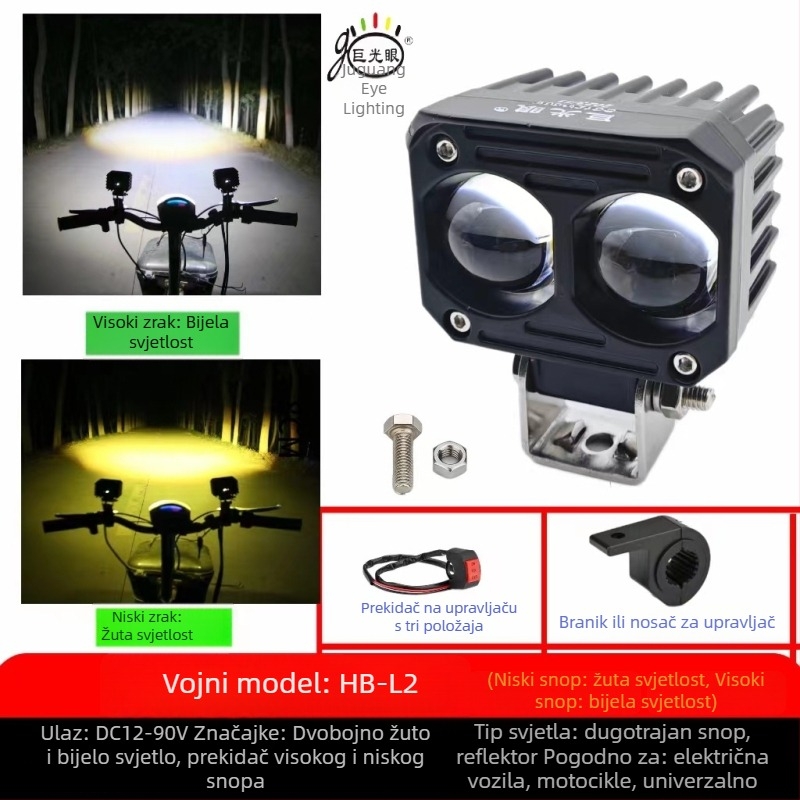 Vanjski LED far za električni motocikl – vanjska ugradnja, 25W, 12-80V, LED izvor, model JGY-HBL2, vodootporan