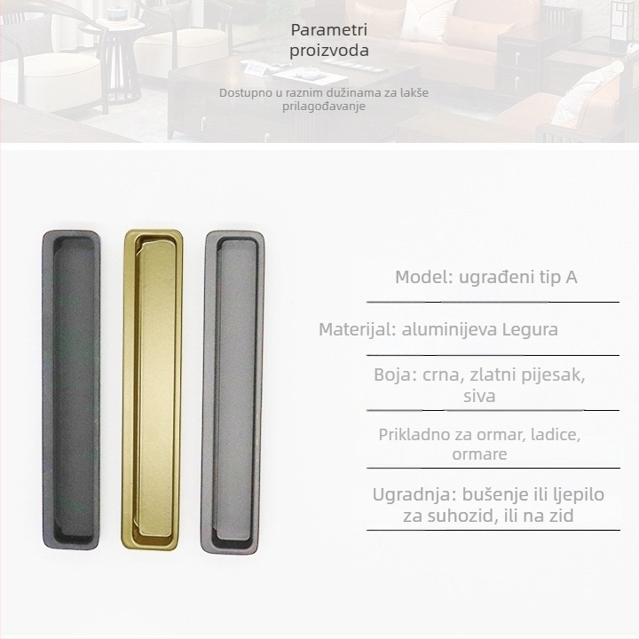 Skrivena ručka za klizna vrata - produžena skrivena ručka, aluminijska legura, elektrogalvanizacija, moderan minimalistički stil