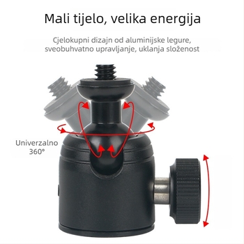 Aluminijska kuglasta glava za stativ DSLR, 360° horizontalno okretanje, 90° vertikalno okretanje, vijčano pričvršćivanje, težina 0,11 kg, kompatibilno s Yajia