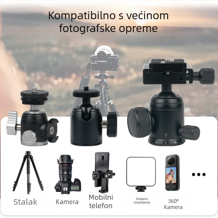 Aluminijska kuglasta glava za stativ DSLR, 360° horizontalno okretanje, 90° vertikalno okretanje, vijčano pričvršćivanje, težina 0,11 kg, kompatibilno s Yajia