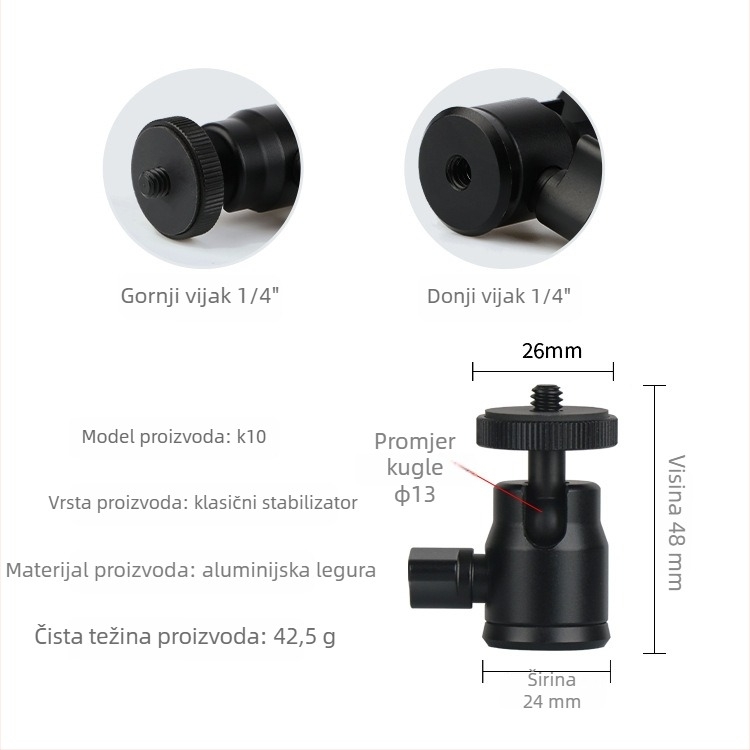 Aluminijska kuglasta glava za stativ DSLR, 360° horizontalno okretanje, 90° vertikalno okretanje, vijčano pričvršćivanje, težina 0,11 kg, kompatibilno s Yajia
