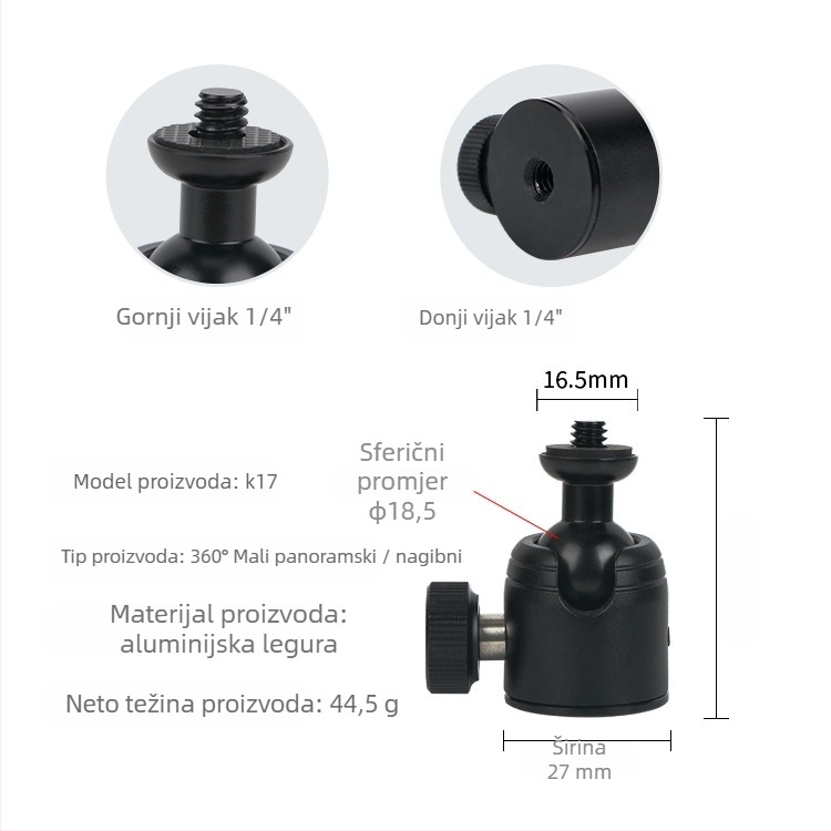 Aluminijska kuglasta glava za stativ DSLR, 360° horizontalno okretanje, 90° vertikalno okretanje, vijčano pričvršćivanje, težina 0,11 kg, kompatibilno s Yajia