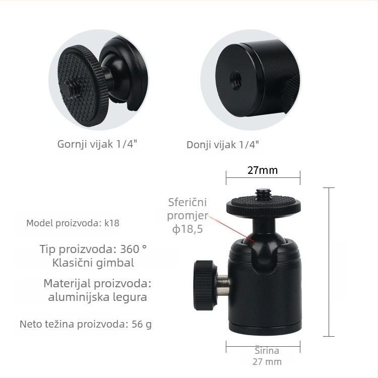 Aluminijska kuglasta glava za stativ DSLR, 360° horizontalno okretanje, 90° vertikalno okretanje, vijčano pričvršćivanje, težina 0,11 kg, kompatibilno s Yajia