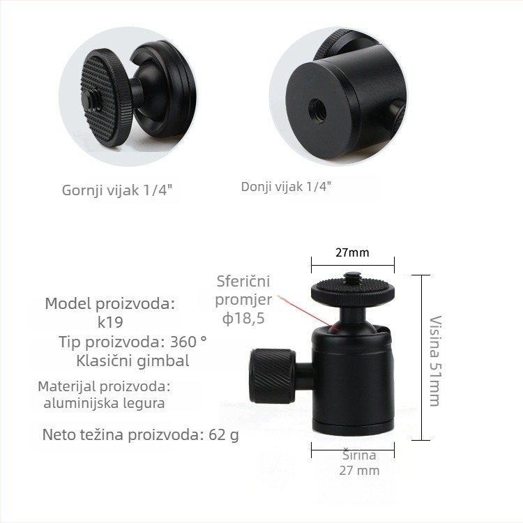 Aluminijska kuglasta glava za stativ DSLR, 360° horizontalno okretanje, 90° vertikalno okretanje, vijčano pričvršćivanje, težina 0,11 kg, kompatibilno s Yajia