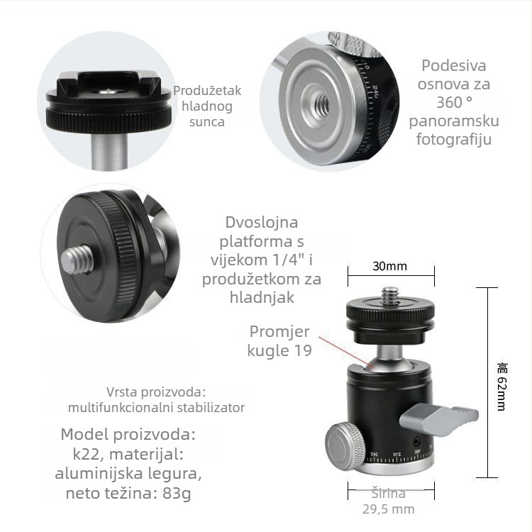 Aluminijska kuglasta glava za stativ DSLR, 360° horizontalno okretanje, 90° vertikalno okretanje, vijčano pričvršćivanje, težina 0,11 kg, kompatibilno s Yajia