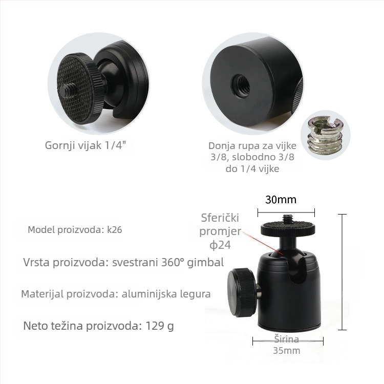 Aluminijska kuglasta glava za stativ DSLR, 360° horizontalno okretanje, 90° vertikalno okretanje, vijčano pričvršćivanje, težina 0,11 kg, kompatibilno s Yajia