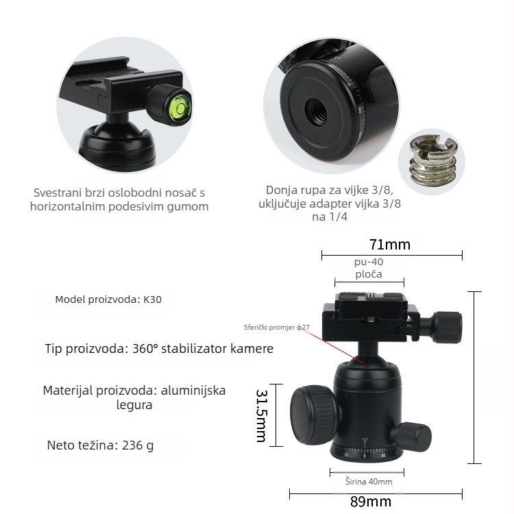 Aluminijska kuglasta glava za stativ DSLR, 360° horizontalno okretanje, 90° vertikalno okretanje, vijčano pričvršćivanje, težina 0,11 kg, kompatibilno s Yajia