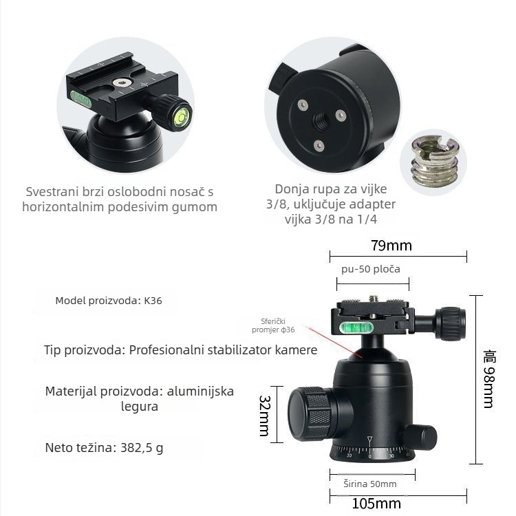 Aluminijska kuglasta glava za stativ DSLR, 360° horizontalno okretanje, 90° vertikalno okretanje, vijčano pričvršćivanje, težina 0,11 kg, kompatibilno s Yajia