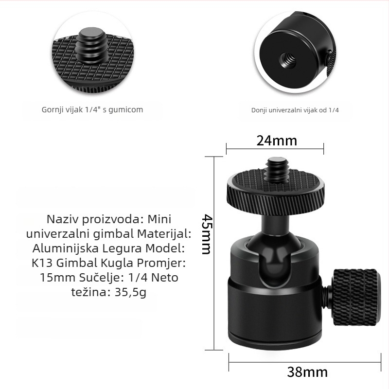 Aluminijska kuglasta glava za stativ DSLR, 360° horizontalno okretanje, 90° vertikalno okretanje, vijčano pričvršćivanje, težina 0,11 kg, kompatibilno s Yajia