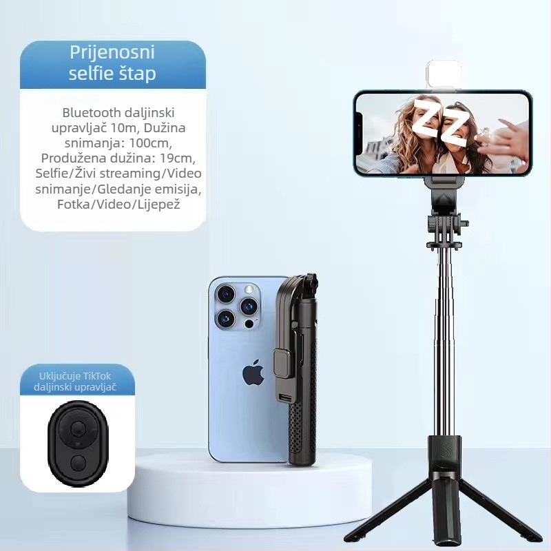 Proširivi mini selfie štap s trojnožnim stativom za mobitel, od nehrđajućeg čelika; bez daljinskog upravljanja, bez Bluetootha, bez rasvjete