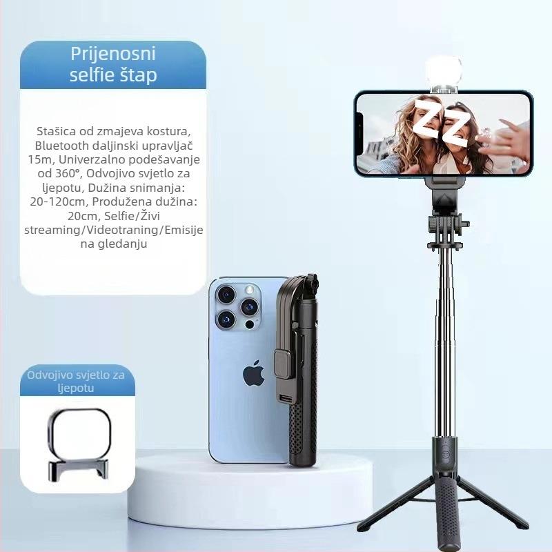 Proširivi mini selfie štap s trojnožnim stativom za mobitel, od nehrđajućeg čelika; bez daljinskog upravljanja, bez Bluetootha, bez rasvjete
